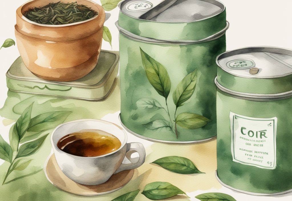 Modern watercolor illustration of organic tea leaves in open tins with a steaming cup of freshly brewed green tea