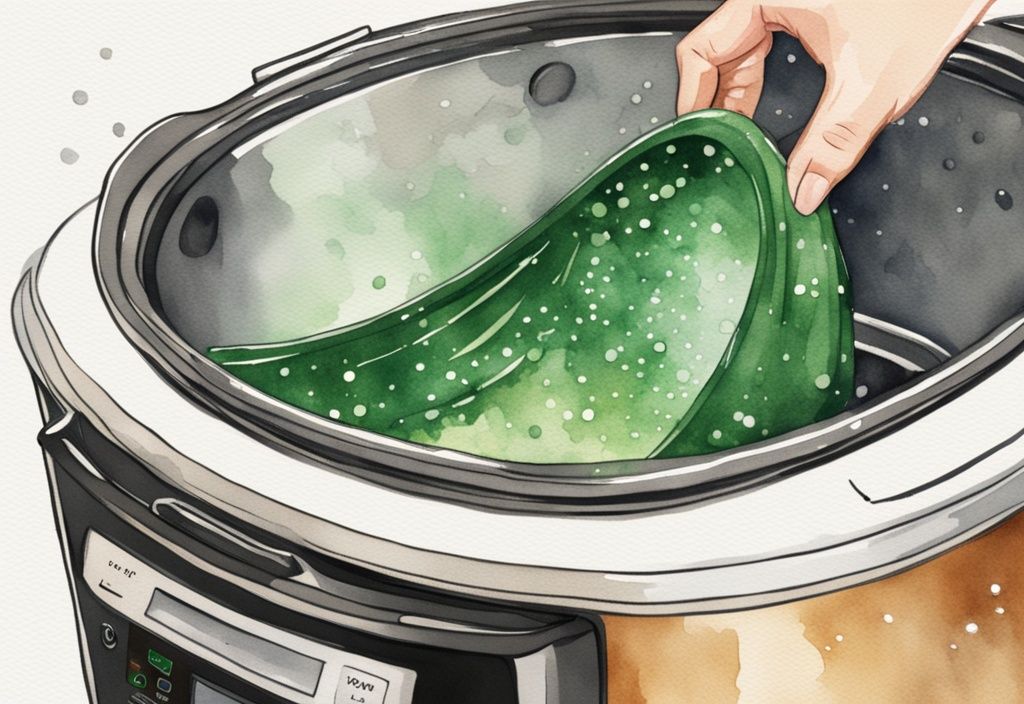 Modern watercolor illustration of a sparkling clean crock pot being removed from a dishwasher, highlighting its unscathed surface; is a crock pot dishwasher safe?