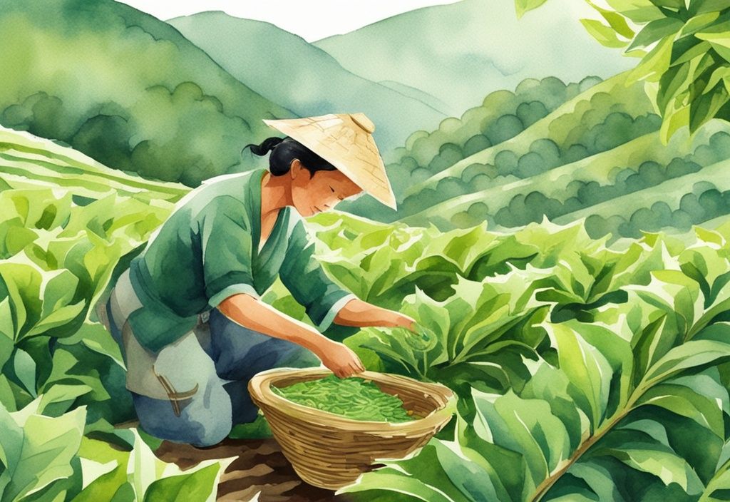 Modern watercolor illustration of a farmer handpicking green tea leaves in an organic tea plantation with a woven basket.