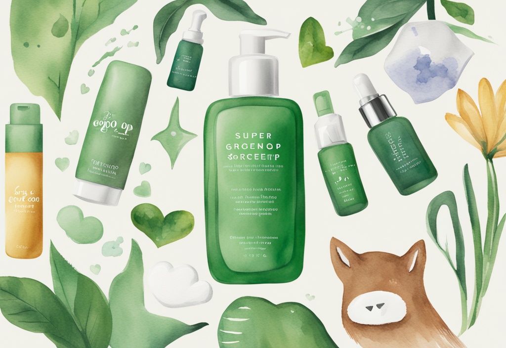 Modern watercolor illustration featuring Supergoop skincare products with symbols of love, care, and animals, emphasizing the brand's cruelty-free status. Is Supergoop cruelty free? Yes, it is.