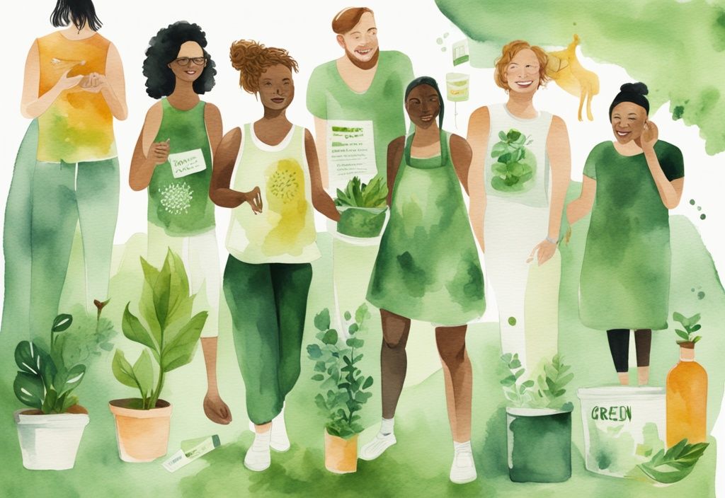 Modern watercolor illustration of diverse individuals showcasing The Ordinary cruelty-free products, with green theme and distinct cruelty-free symbols.