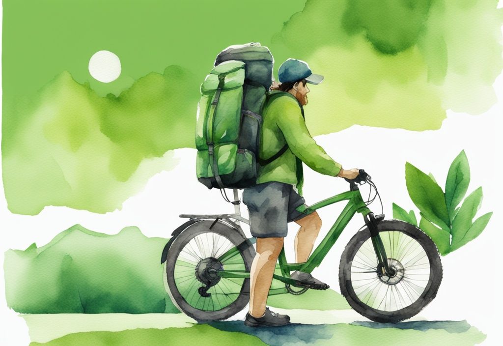 Modern watercolor illustration of a backpacker practicing travel sustainable level 1 with solar-powered equipment, reusable water bottle, and bike.