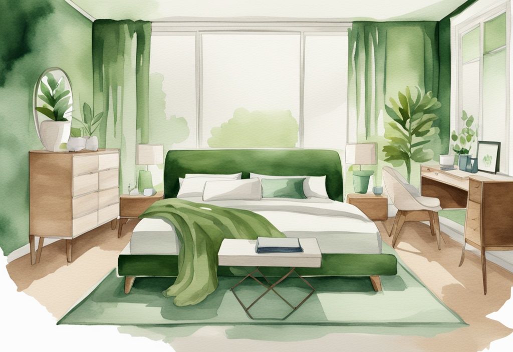 Modern watercolor illustration of a chic bedroom with stylish, sustainable, non-toxic bedroom furniture in green tones.