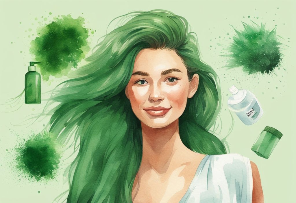 Modern watercolor illustration showing hair with dandruff before and clean hair after using native shampoo, green color theme.