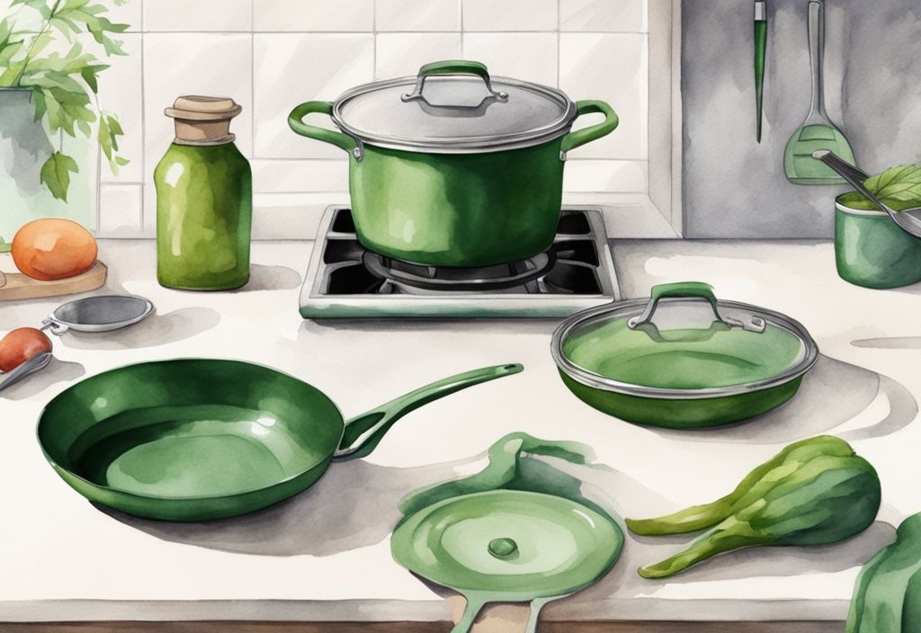 Modern green-themed watercolor illustration of Carote cookware set (pan, pot, saucepan) on kitchen counter, highlighting non-toxic qualities.