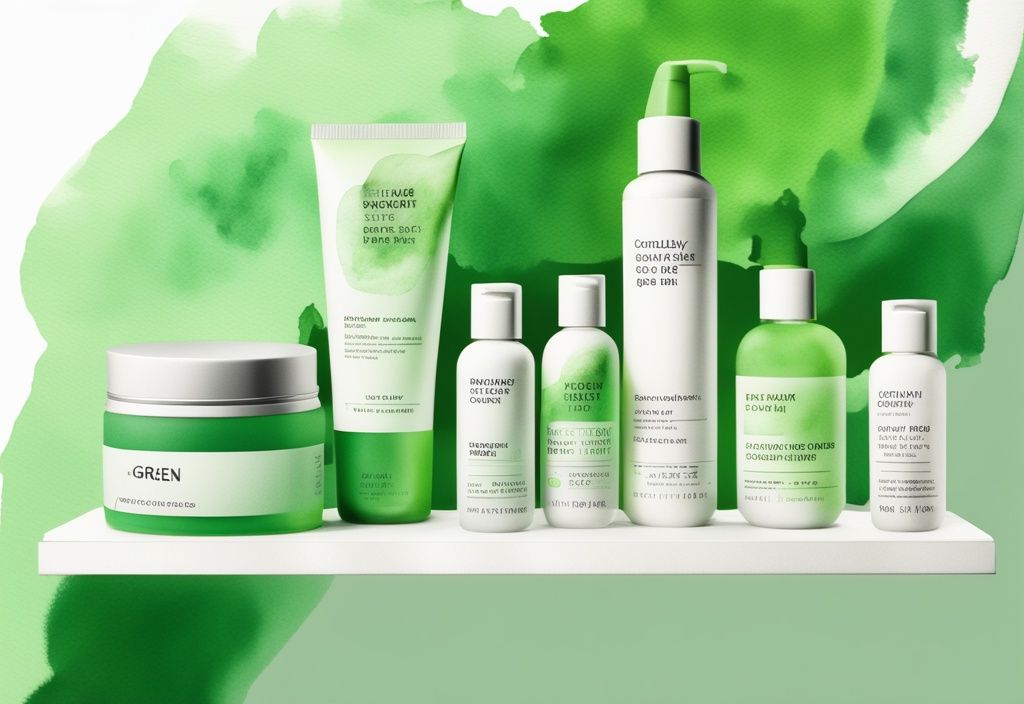 Modern green watercolor illustration of The Ordinary skincare products on a podium with a spotlight on a 'Cruelty Free' placard