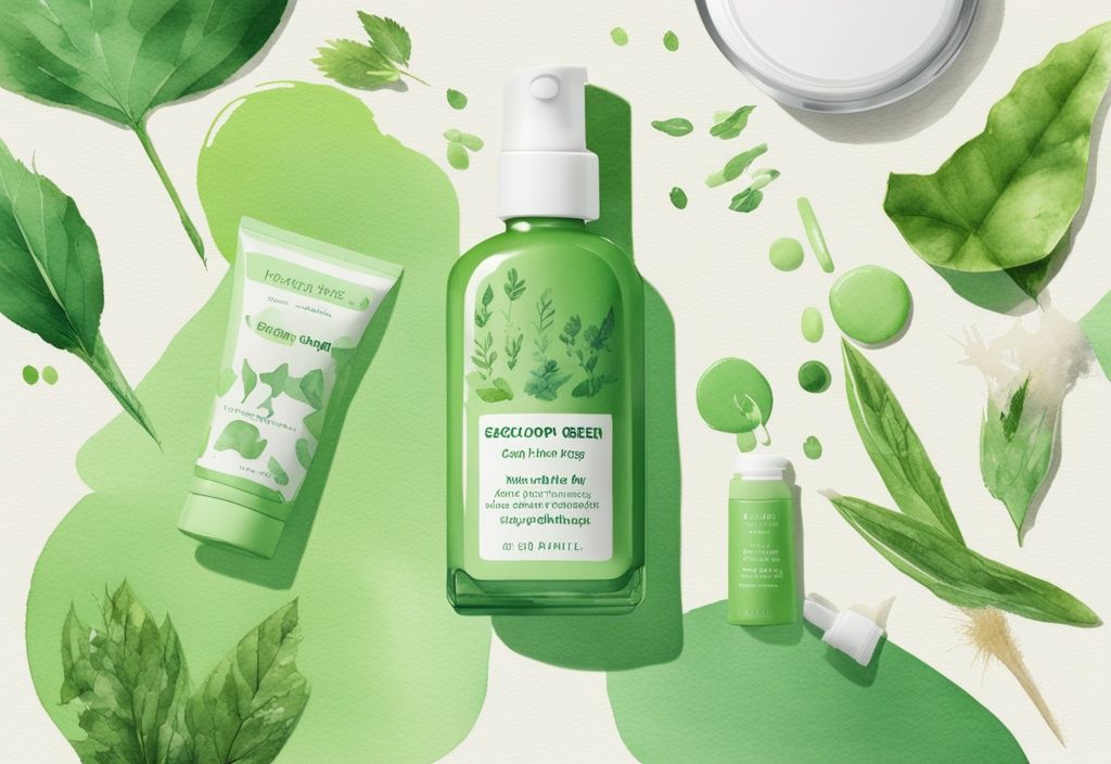 Modern watercolor illustration of Supergoop products with green theme, cruelty-free symbols like rabbit icons and green leaves.