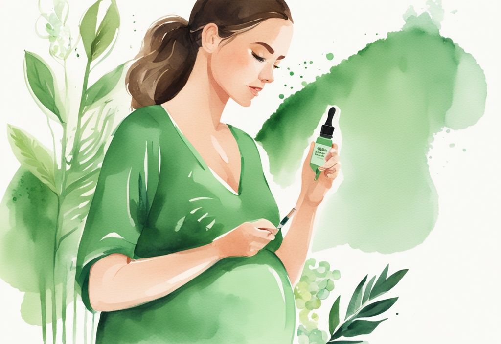 Modern watercolor illustration of a pregnant woman applying pregnancy safe eyelash serum with a brush, featuring a green color theme.