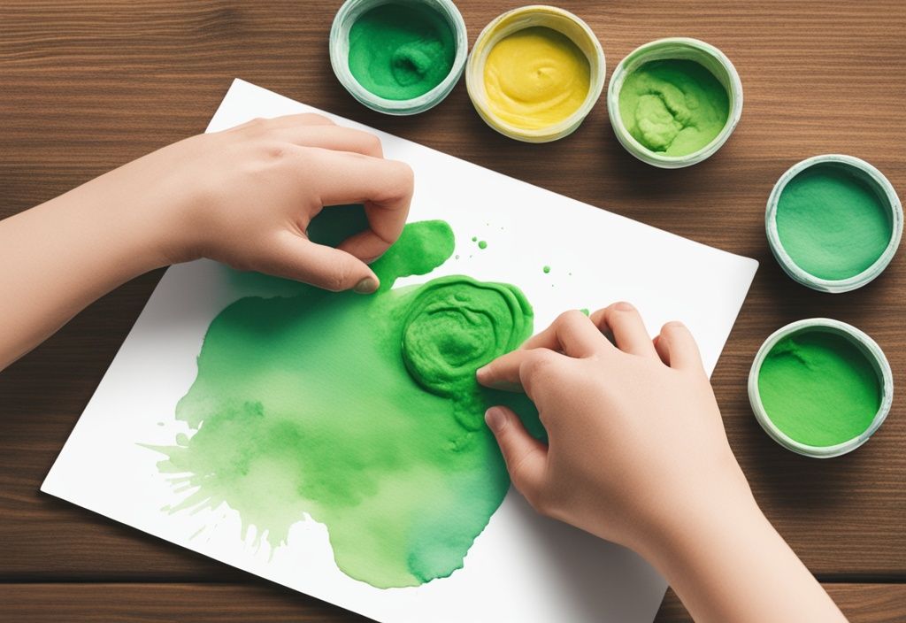 Modern watercolor illustration of hands kneading bright colored, non-toxic playdough on a wooden table, demonstrating how to make non toxic playdough.