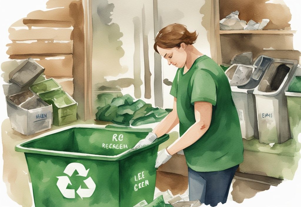 Modern watercolor illustration of a person sorting household trash into labeled bins for recycling, compost, and landfill, demonstrating how to go zero waste.