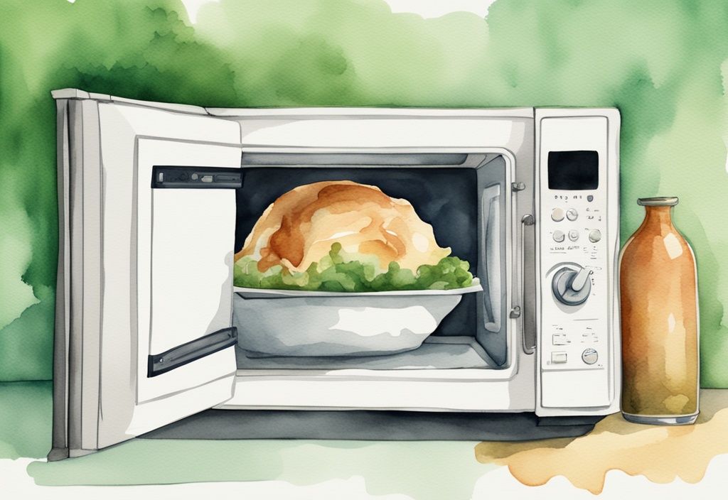 Modern green watercolor illustration of an open microwave door with a rolled-up parchment paper inside.