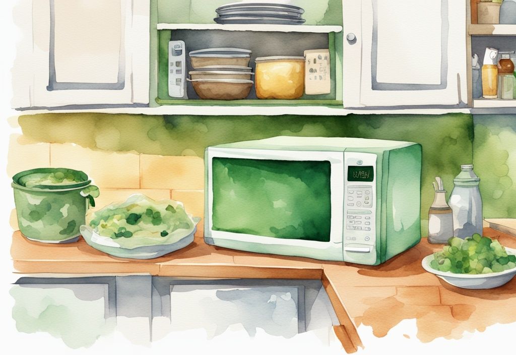 Modern watercolor illustration of a microwave oven in mid-use with an open door, showing a dish covered with parchment paper inside it, answering the question: can you microwave parchment paper.