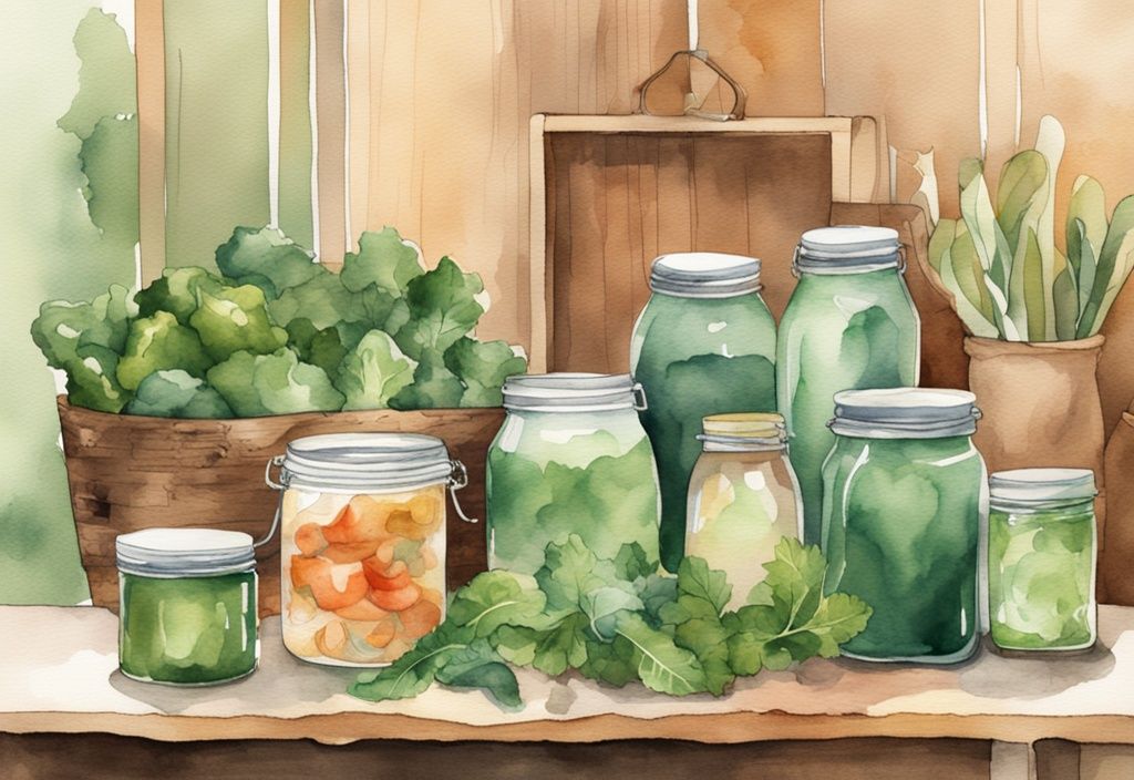 Modern watercolor illustration of zero waste lifestyle with green theme, featuring reused glass jars, reusable shopping bag with produce, and compost pail on wooden table - what is zero waste.