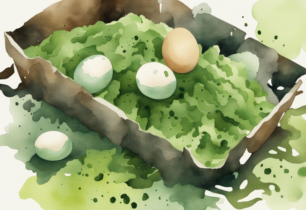 Modern watercolor illustration of a green-themed compost pile with egg cartons breaking down, answering the question can egg cartons be composted.