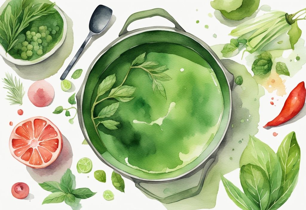 Modern watercolor illustration of a Hexclad pan with fresh organic ingredients, emphasizing the non-toxic characteristic, addressing the question: are Hexclad pans non toxic?