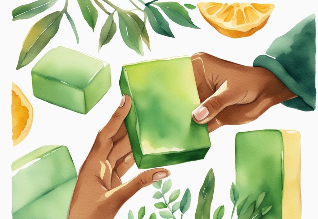 Modern watercolor illustration of hands holding turmeric soap with green theme and smooth skin background