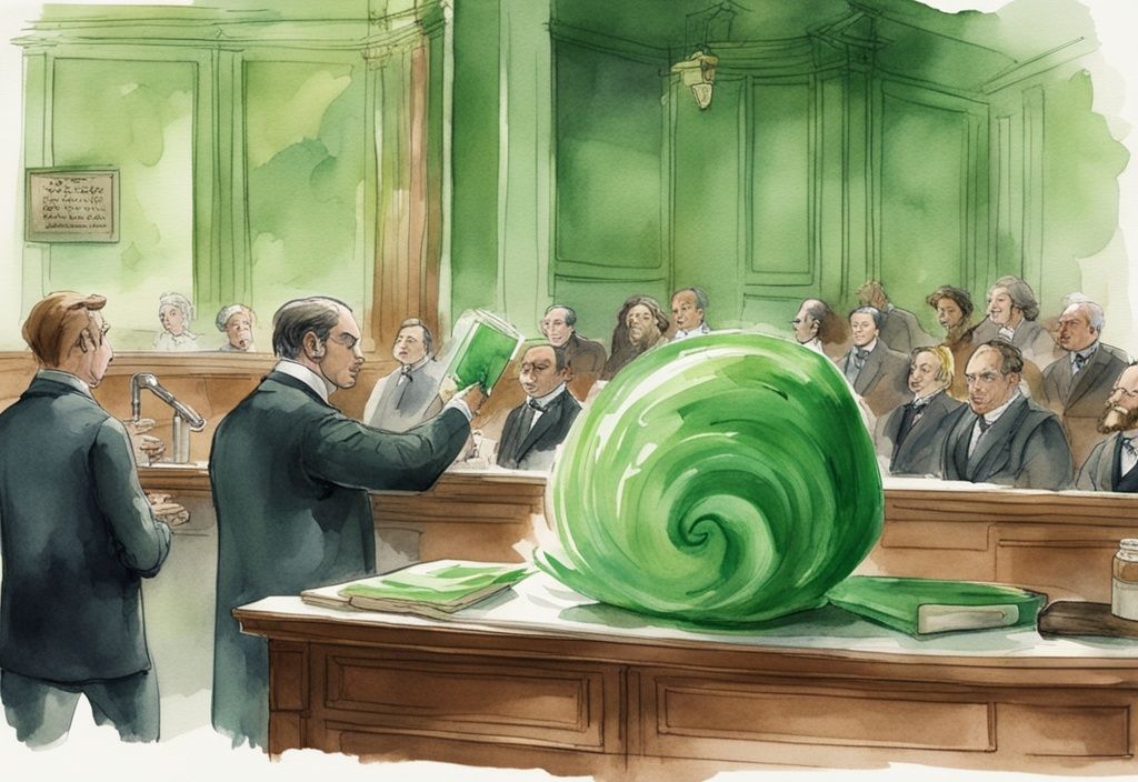 Modern watercolor illustration of a courtroom scene with a green color theme, featuring a legal battle over a hair product, highlighted by a large bottle of hair product on the evidence stand, with snippets of prose enhancing the drama.