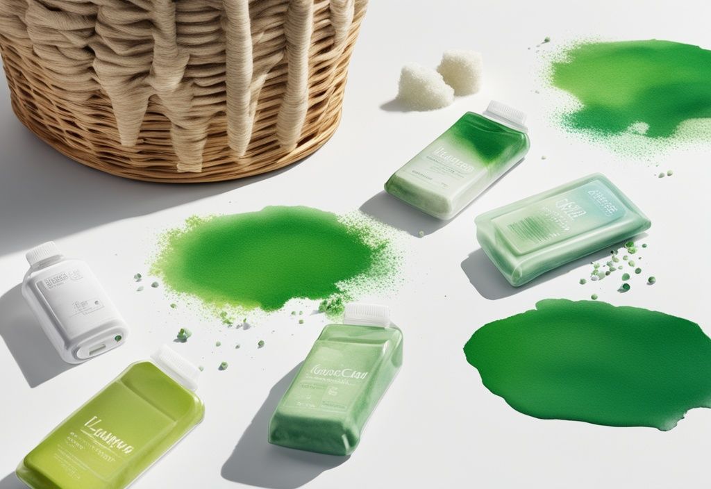 Modern watercolor illustration of colorful, non-toxic laundry scent boosters on a white table, with granules spilled out and fresh laundry in a basket in the background.