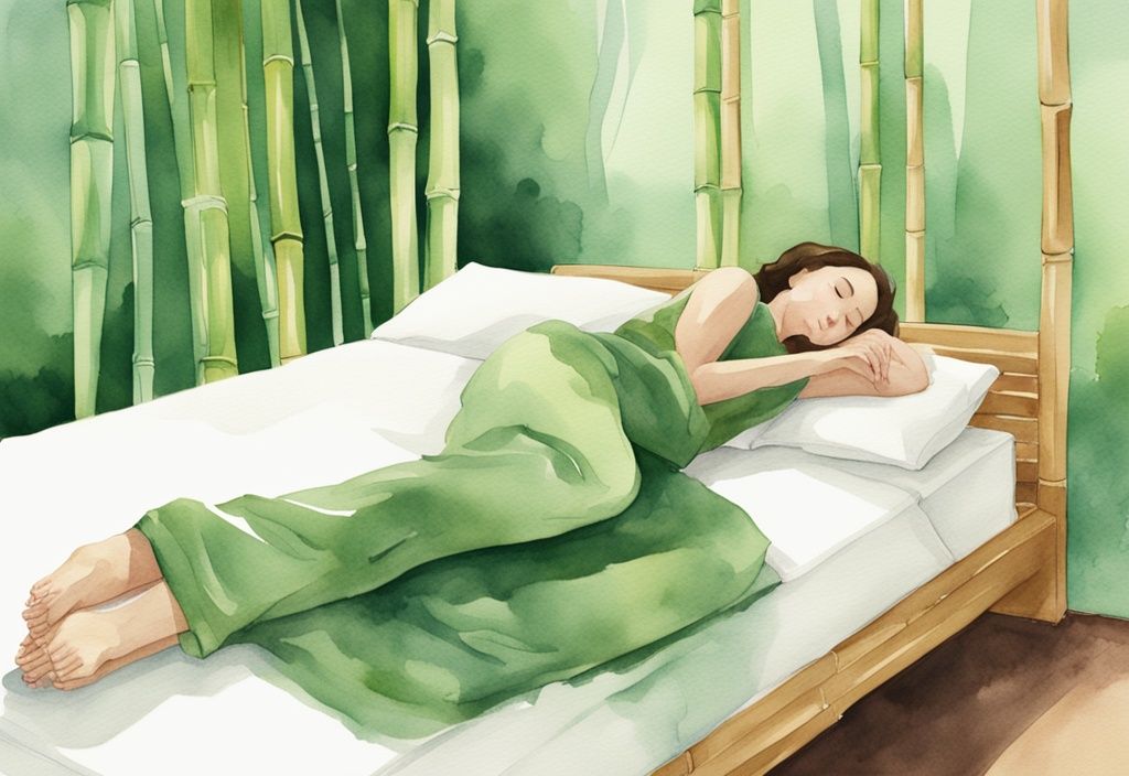 Modern watercolor illustration of a person with clear, glowing skin sleeping on a bed made with bamboo sheets; are bamboo sheets good for your skin.