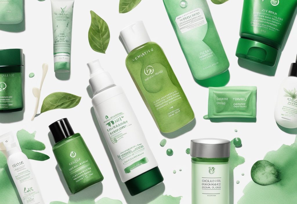 Modern watercolor illustration of cruelty-free face cleansers on white background, featuring green-themed products and clear cruelty-free logos.