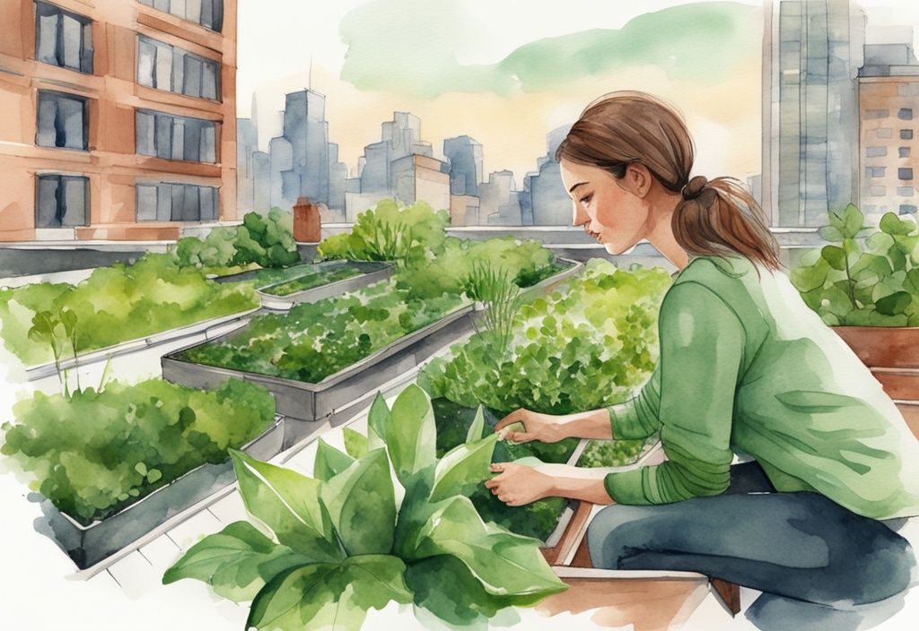 Young woman working in lush green rooftop garden in urban cityscape, modern watercolor illustration, urban farming, sustainable practices.