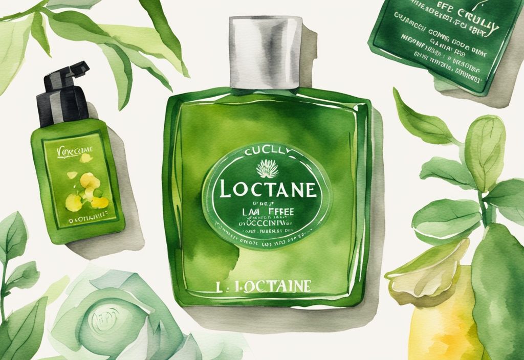 Modern watercolor illustration of L'Occitane products, green theme, labeled "Cruelty Free" - is L'Occitane cruelty free?