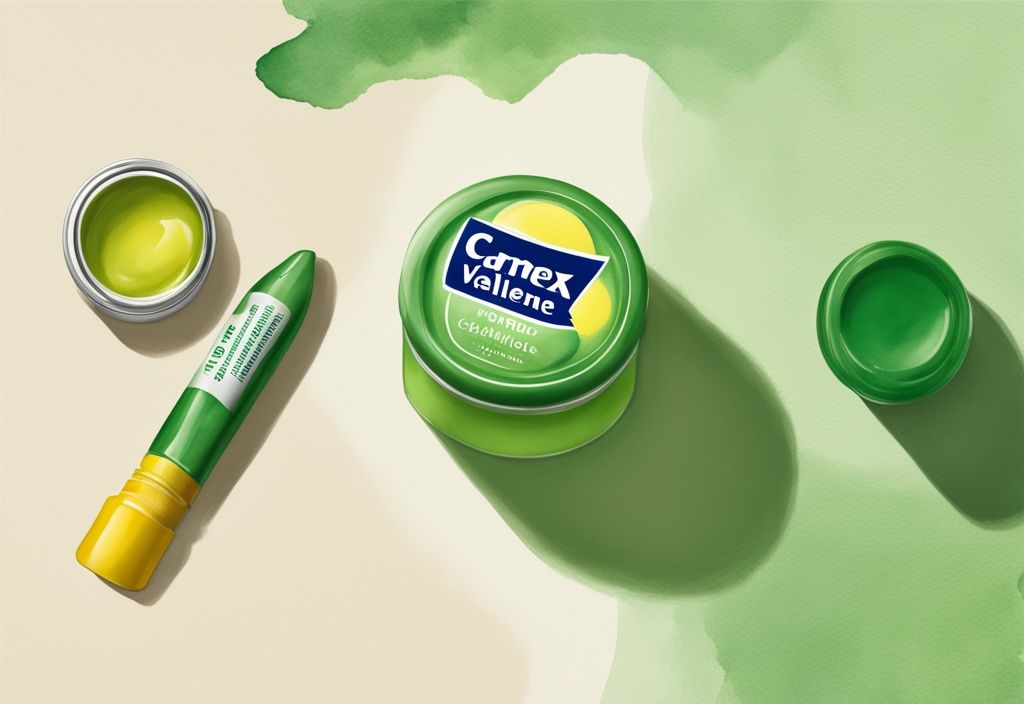 Modern watercolor illustration of Carmex vs Vaseline lip balms in half-opened containers on a neutral background.