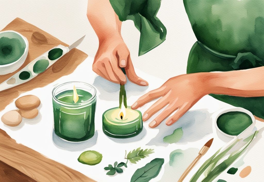 Modern watercolor illustration of hands crafting a non-toxic candle with natural green ingredients on a table.