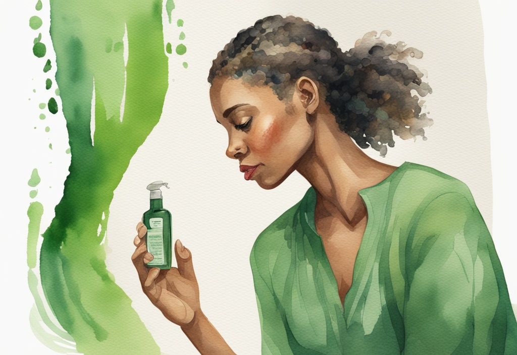 Modern watercolor illustration of a concerned woman examining hair strands with a bottle of Native shampoo in the background, green color theme