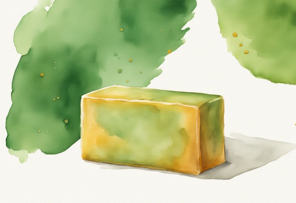 Modern watercolor illustration of a green-themed close-up of turmeric soap reducing dark spots on skin