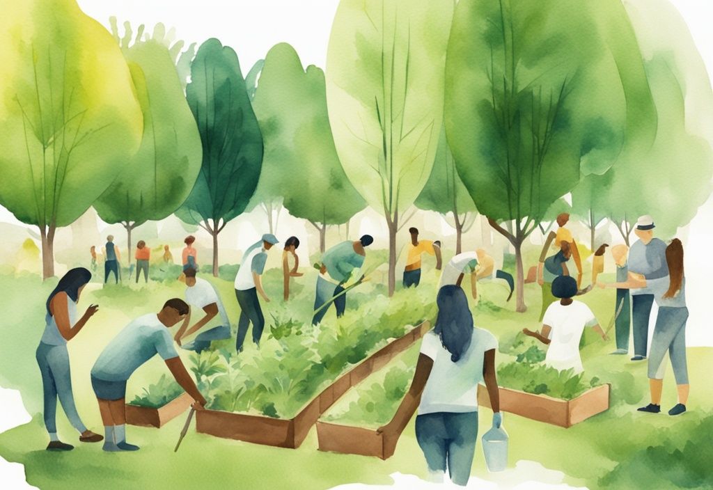 Modern watercolor illustration of diverse people planting trees in a sunny park, eco-friendly activity, green color theme.