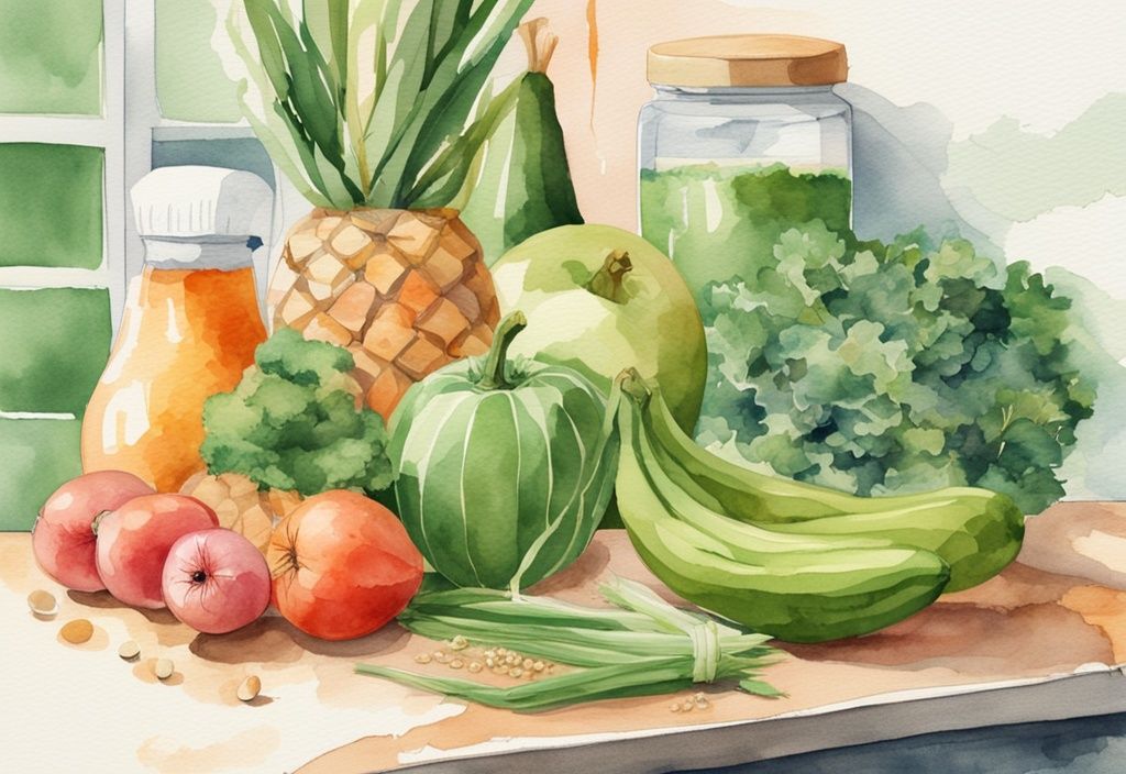 Modern watercolor illustration of a non-toxic diet with green-themed organic fruits, vegetables, grains, and lean proteins on a bright kitchen countertop.