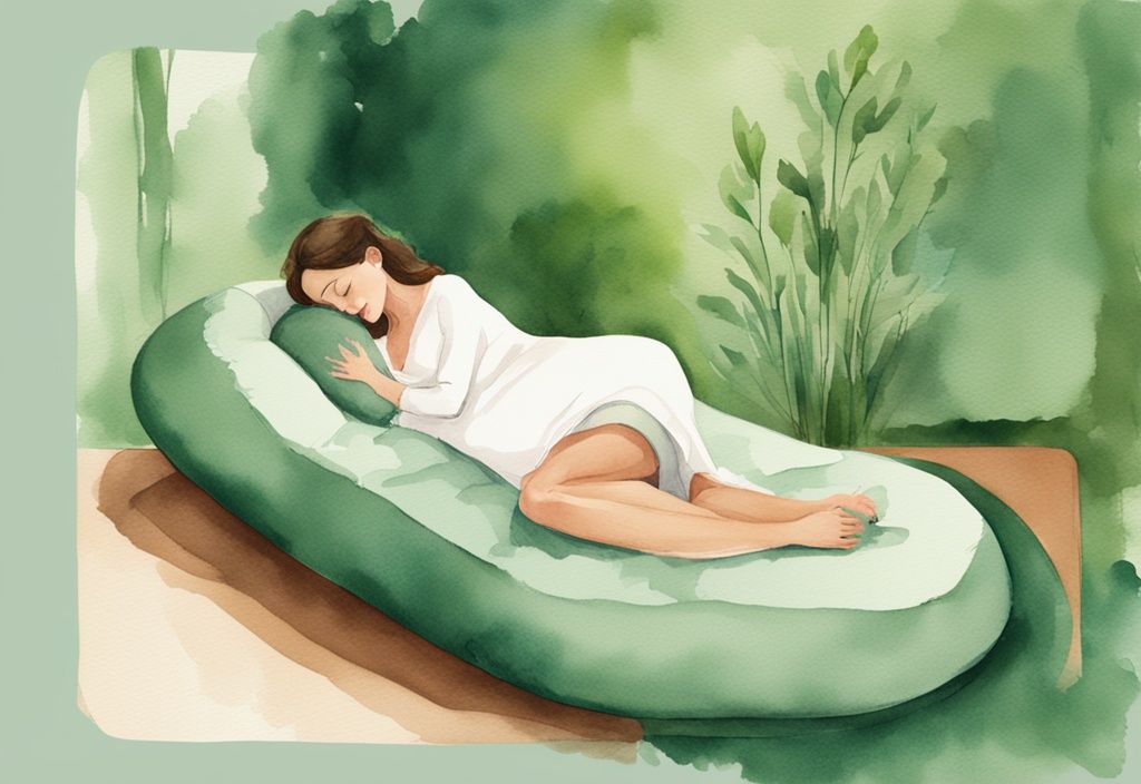 Modern watercolor illustration of an expecting mother resting on a large, non-toxic pregnancy pillow in a warm, cozy setting, with a green color theme.