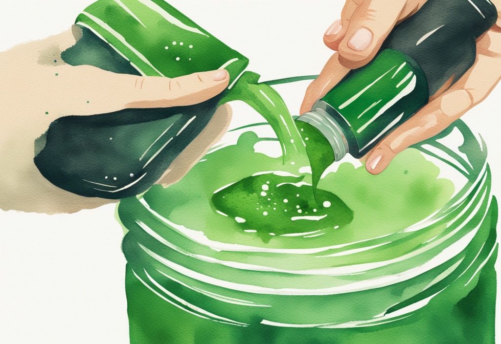 Modern watercolor illustration of hands applying native shampoo to flaky dandruff in green-themed artwork