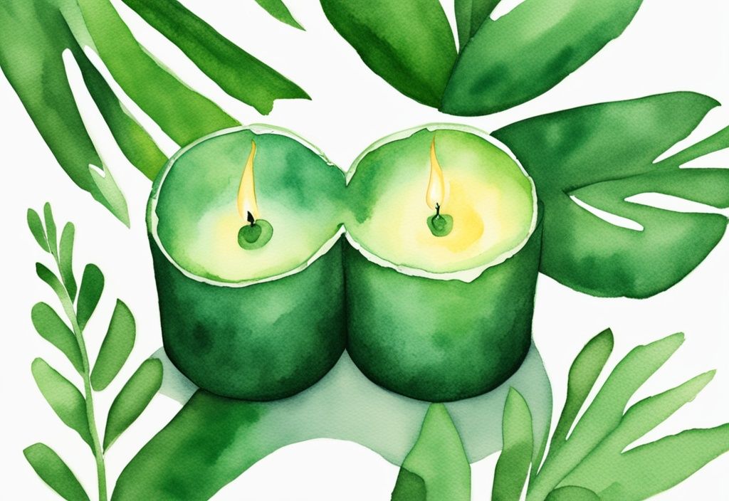 Modern watercolor illustration of split candle halves, featuring palm wax vs soy wax, showcasing inner textures and green color theme.