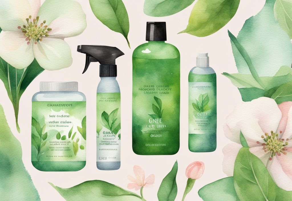 Modern watercolor illustration of Everspring non-toxic cleaning products among green spring blossoms and leaves.