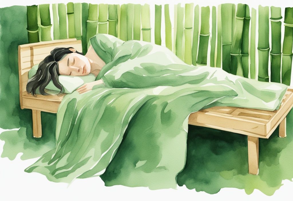 Modern watercolor illustration of a person with clear, glowing skin comfortably sleeping on a bed with bamboo sheets, highlighting the question are bamboo sheets good for your skin.