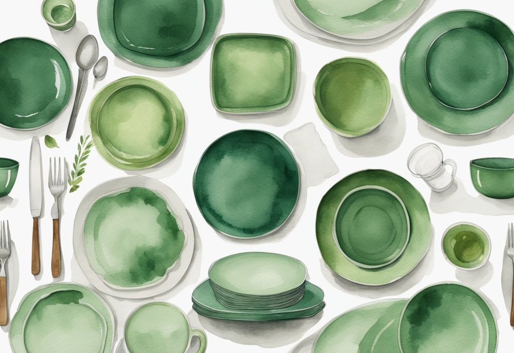 Modern watercolor illustration of green-themed non-toxic dinnerware sets on a dining table.