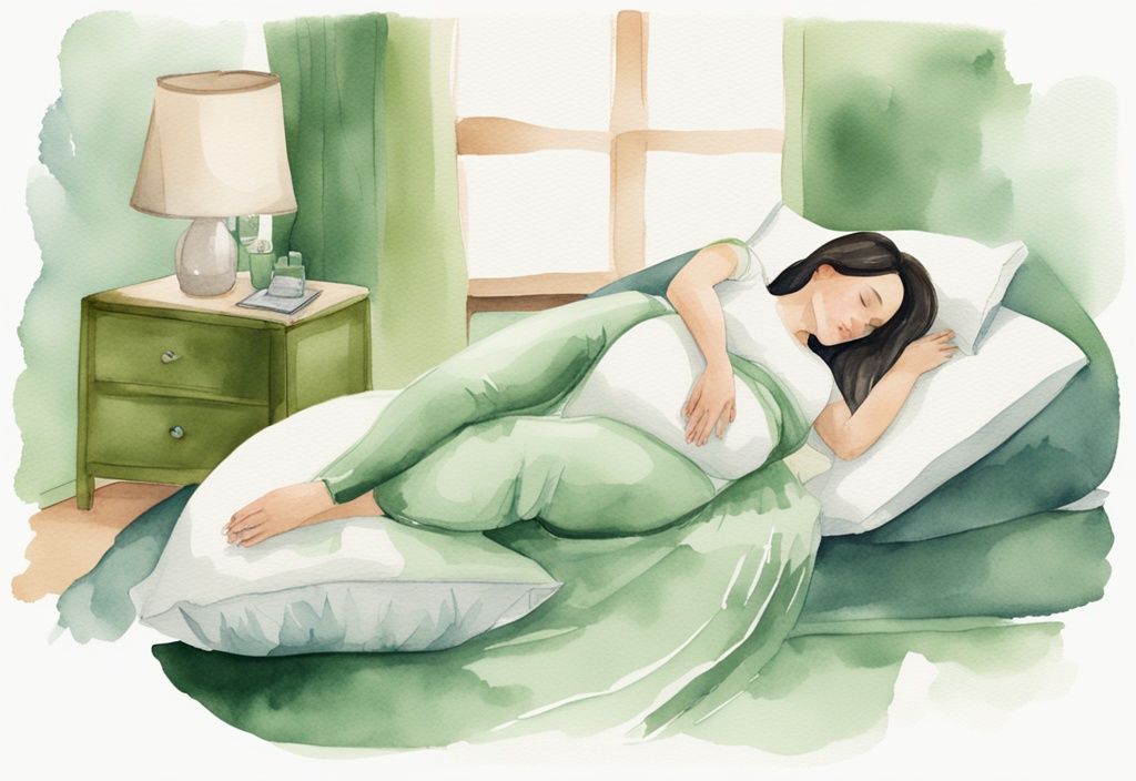 Modern watercolor illustration of a pregnant woman sleeping with a non-toxic pregnancy pillow, green color theme