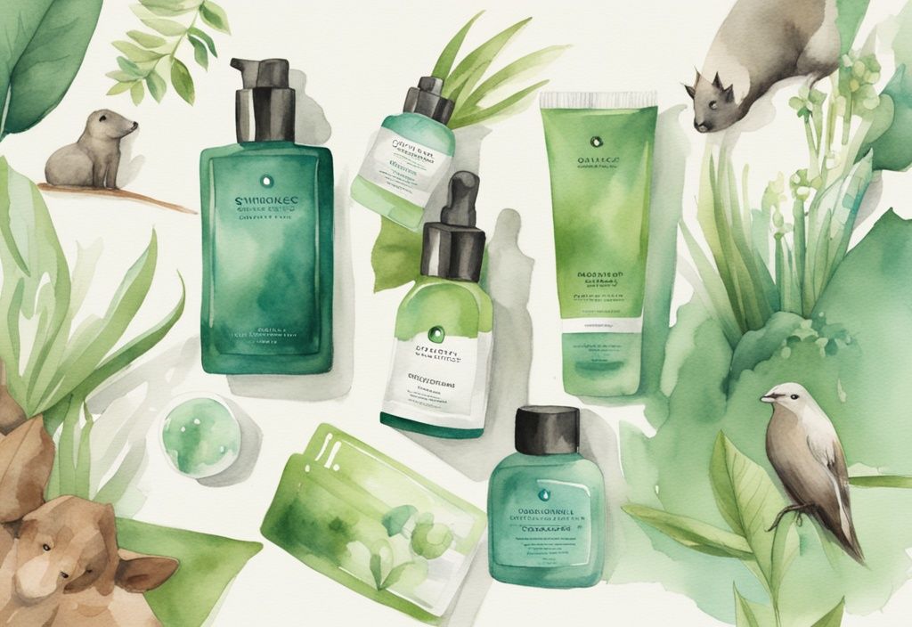 Modern watercolor illustration of Skinceuticals skincare products with green theme, surrounded by peaceful, happy animals, highlighting cruelty-free ethos.