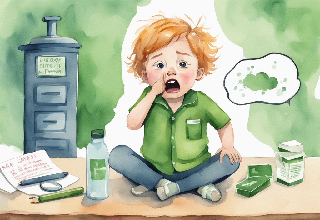 Modern watercolor illustration of a shocked child feeling sick next to a half-eaten box of crayons, with a thought bubble showing a stomach ache and doctor's sign, highlighting the side effects of eating crayons.