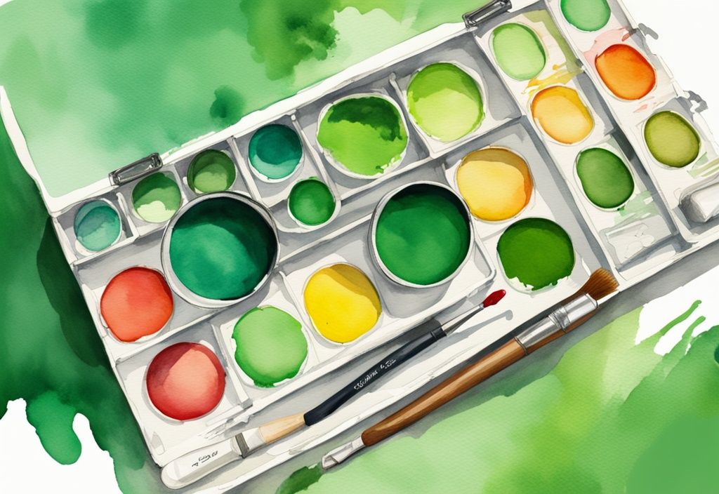 Modern watercolor illustration of the best non-toxic acrylic paint tubes in green hues arranged in an open artist’s paintbox.