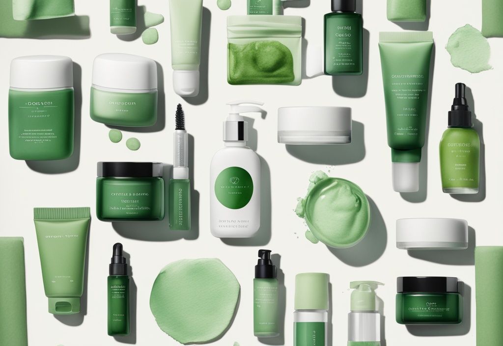 Modern watercolor illustration of The Ordinary skincare products on a minimalist green-themed background.