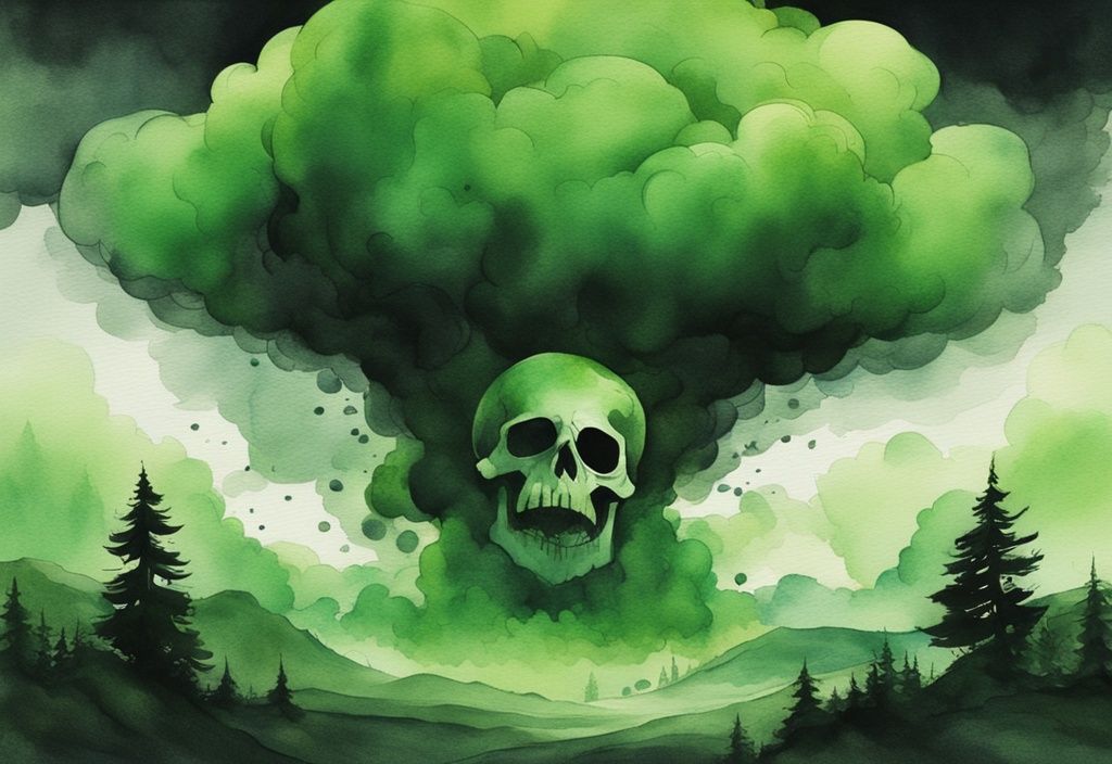 Modern watercolor illustration of a menacing skull-shaped dark cloud releasing pura toxic green fumes over a pristine landscape.