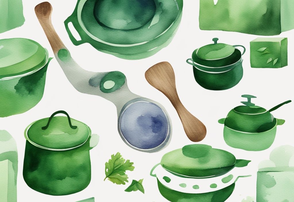 Modern watercolor illustration of green-themed Figment cookware on kitchen countertop, highlighting non-toxic features.