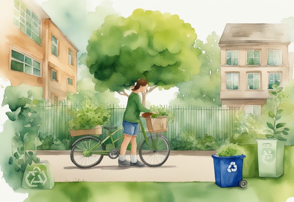 Modern watercolor illustration of a person planting a young tree in a lush garden, surrounded by recycling bins and a bicycle, demonstrating how to be eco friendly.