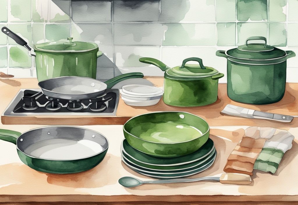 Modern watercolor illustration of green-themed kitchen with non-toxic ceramic, stainless steel, and cast iron pans on countertop.