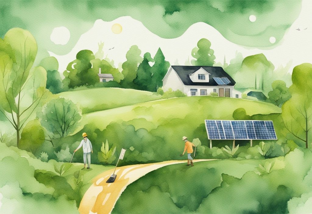 Modern watercolor illustration of eco-friendly habits and sustainable practices with green color theme, featuring recycling, tree planting, solar panel usage, and sustainable farming.