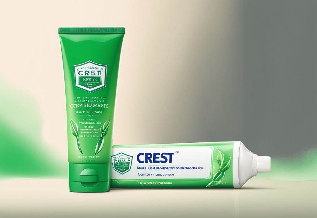 Modern watercolor illustration of a green-themed Crest toothpaste tube with a glowing "Cruelty-Free" certification badge against a soft, neutral background.