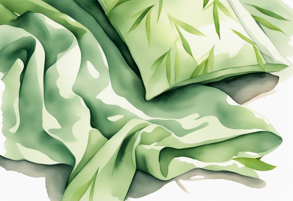 Modern watercolor illustration of green-themed bamboo sheets draped over glowing, healthy skin, highlighting skin health benefits.